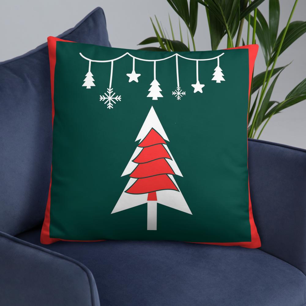 Festive Green & Red Christmas Tree Throw Pillow – 22x22” Holiday Cushion for Living Room & Bedroom Decorating