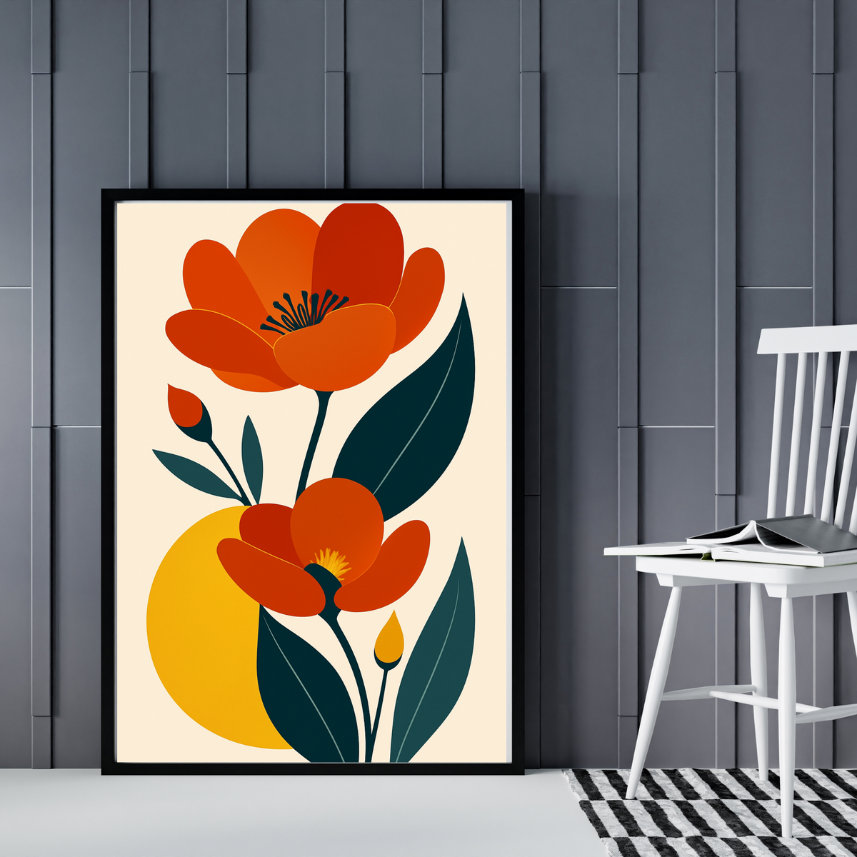 Orange Botanical Flower Wall Art – Minimalist Off-White Background