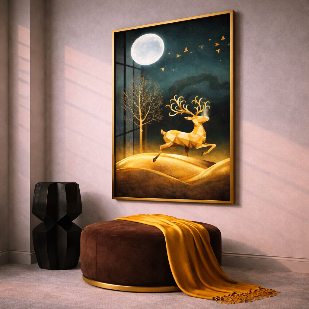 Gold Deer Wall Art Set – Luxury Moonlit Forest Printable Decor – Modern Wildlife Digital Download (11x14, 16x20, 18x24, 24x36)
