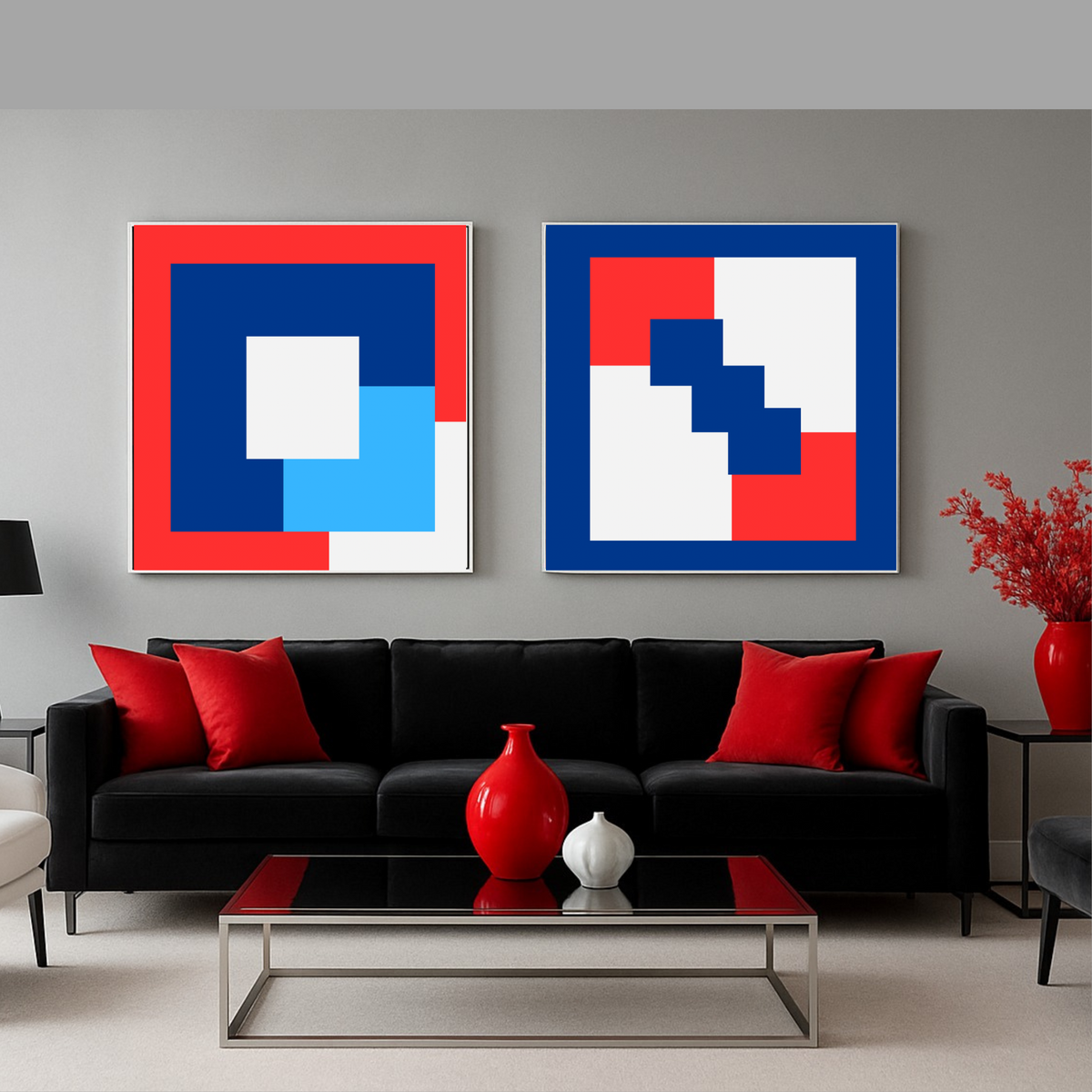 Red White & Blue Abstract Shapes – Square Printable Wall Art (20x20, 24x24, 36x36) – Set of 2 Digital Prints
