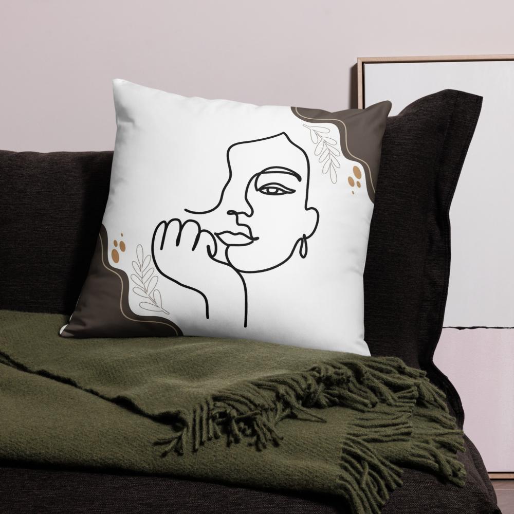 White Throw Pillow with Brown Boho Designs & Minimalist Woman Face Line Art – 22x22”