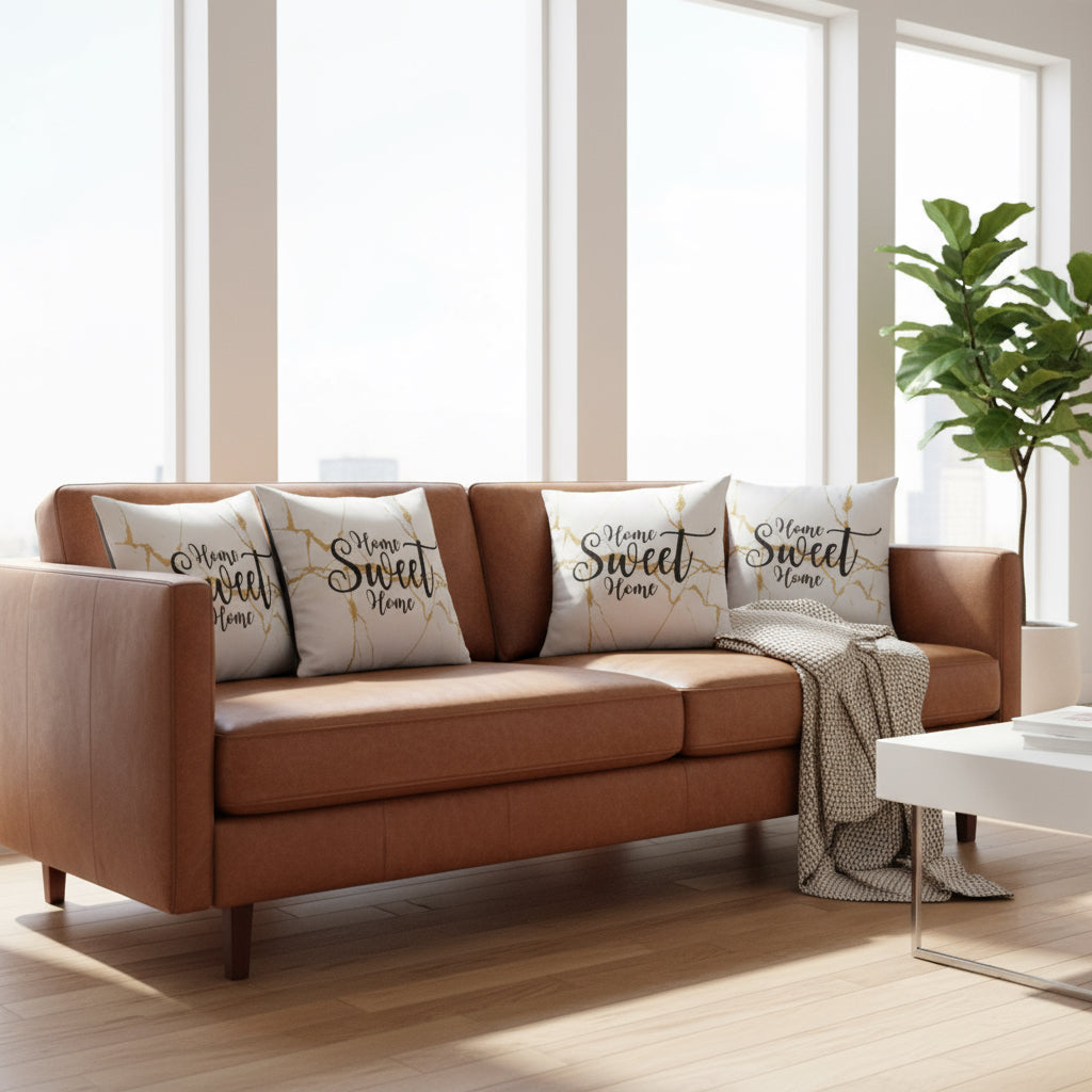 White Throw Pillow with Gold Design – “Home Sweet Home” Decorative Cushion 22x22”