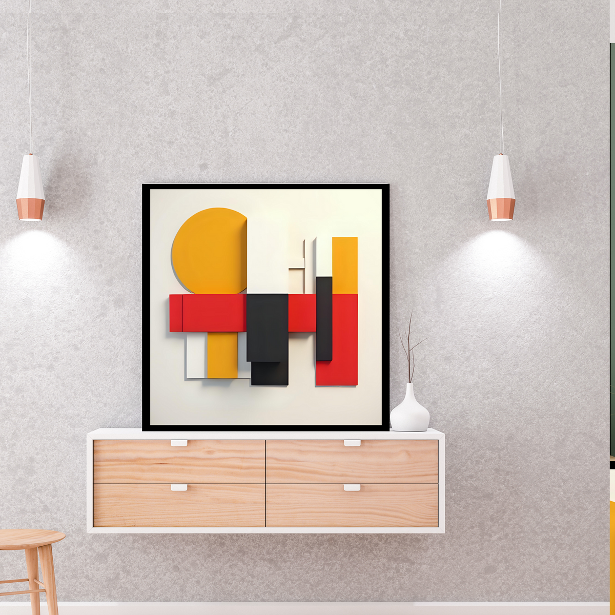 Modern Abstract Wall Art Set – Red, Black & Yellow on Off-White (3 Digital Prints – 16x16, 20x20, 24x24 in)