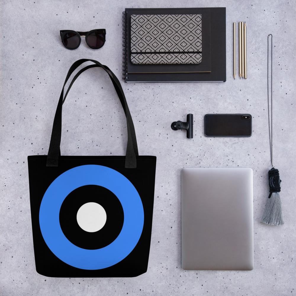 Black, Blue & White Abstract Circles Tote Bag – 15”x15” Modern Minimalist Carryall