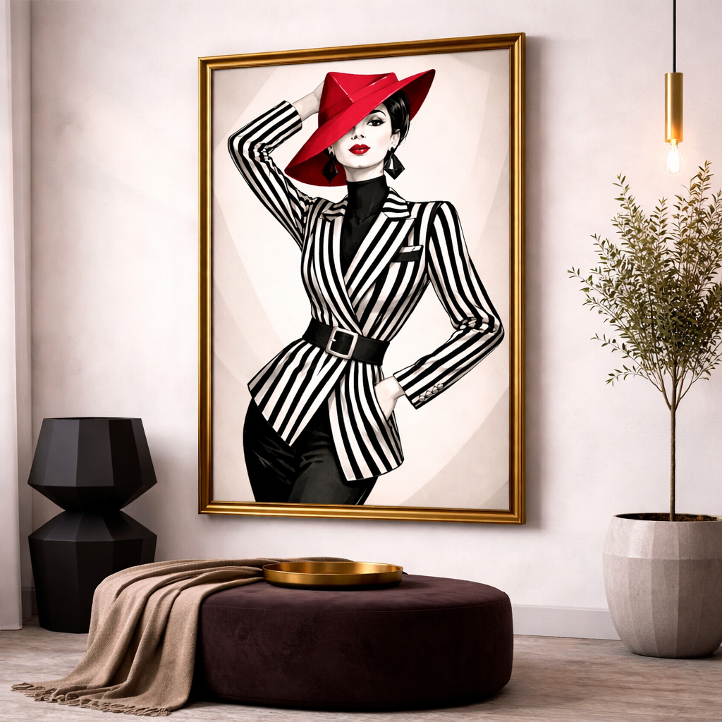 Black and White Fashion Wall Art Set – Red Hat & Umbrella Glam Printable – Modern Feminine Digital Download (11x14, 16x20, 18x24, 24x36)