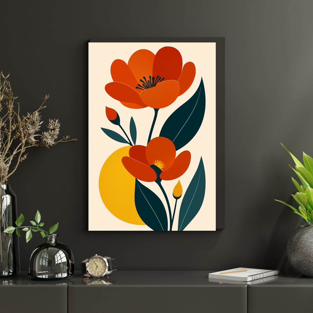 Orange Botanical Flower Wall Art – Minimalist Off-White Background