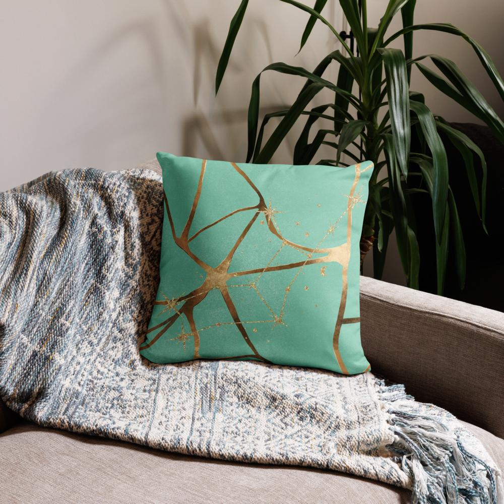 Green Throw Pillow with Gold Patterns – 18x18” | Elegant Luxe Accent Cushion