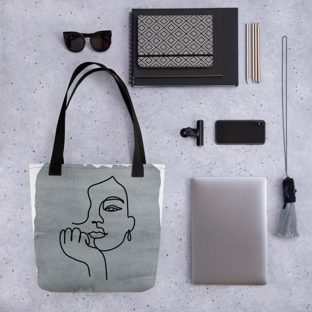 Boho Abstract Art Tote Bag – 15x15 Grey and White Minimalist Reusable Shoulder Bag