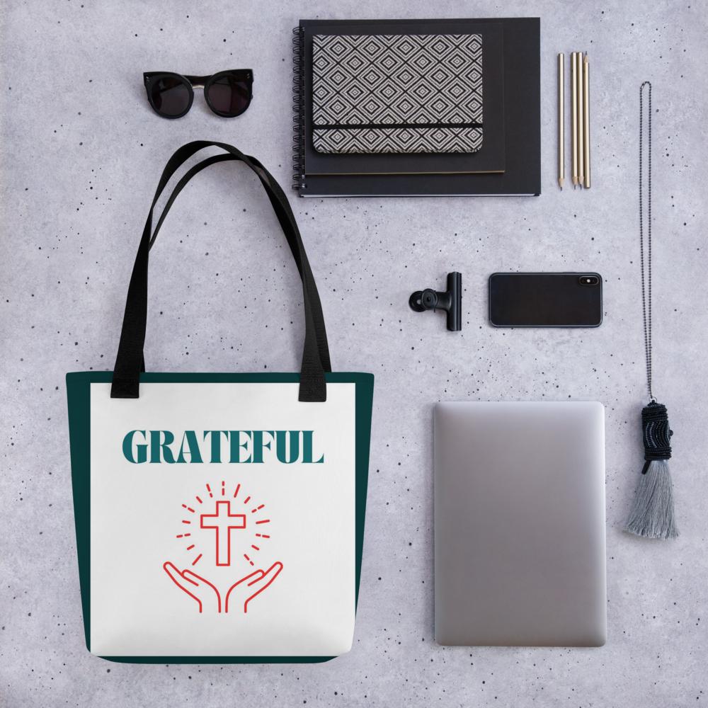 Green & White “Grateful” Tote Bag with Cross – 15”x15” Thanksgiving & Everyday Carryall