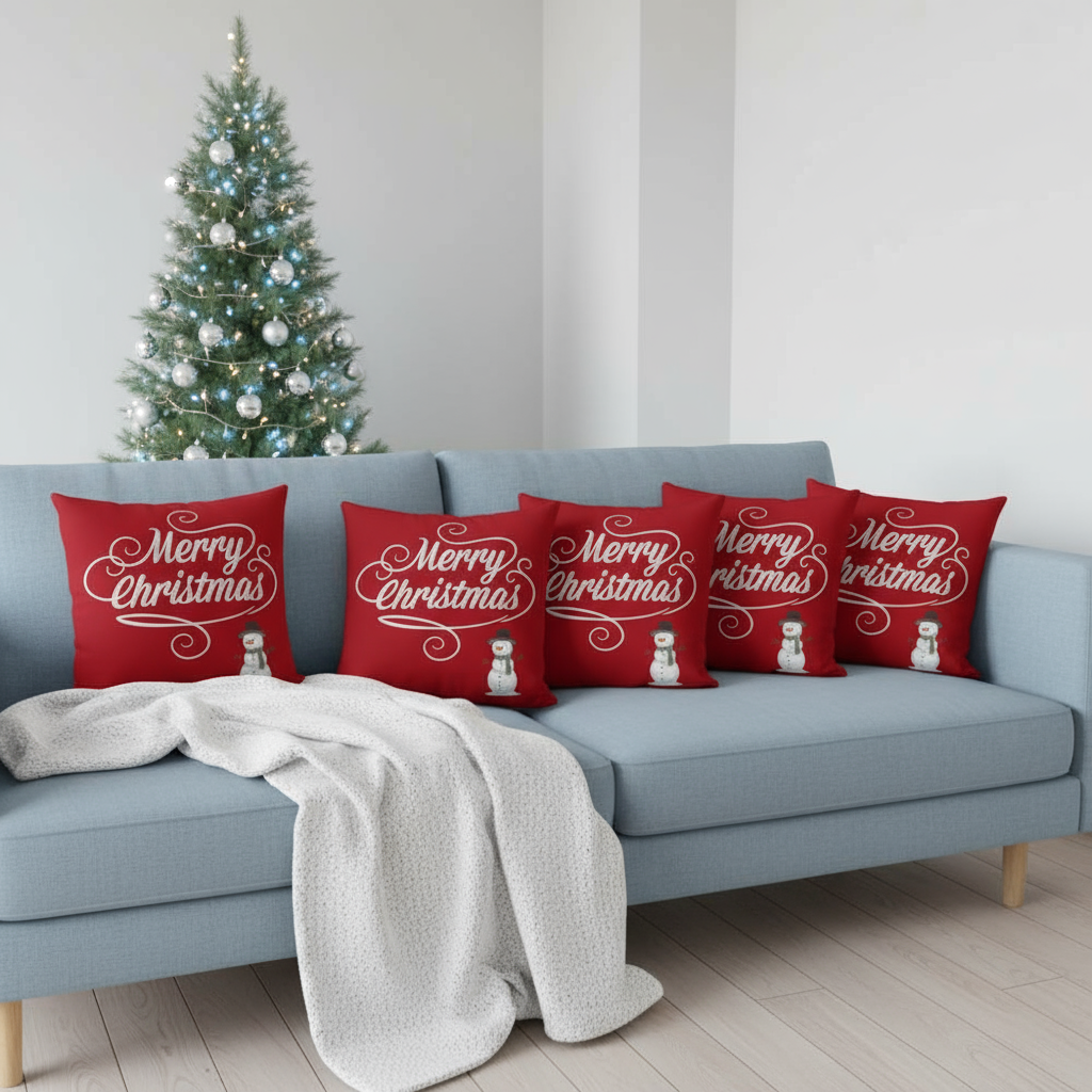 Red Merry Christmas Throw Pillow – White Snowman Design – 18×18 & 22×22 in