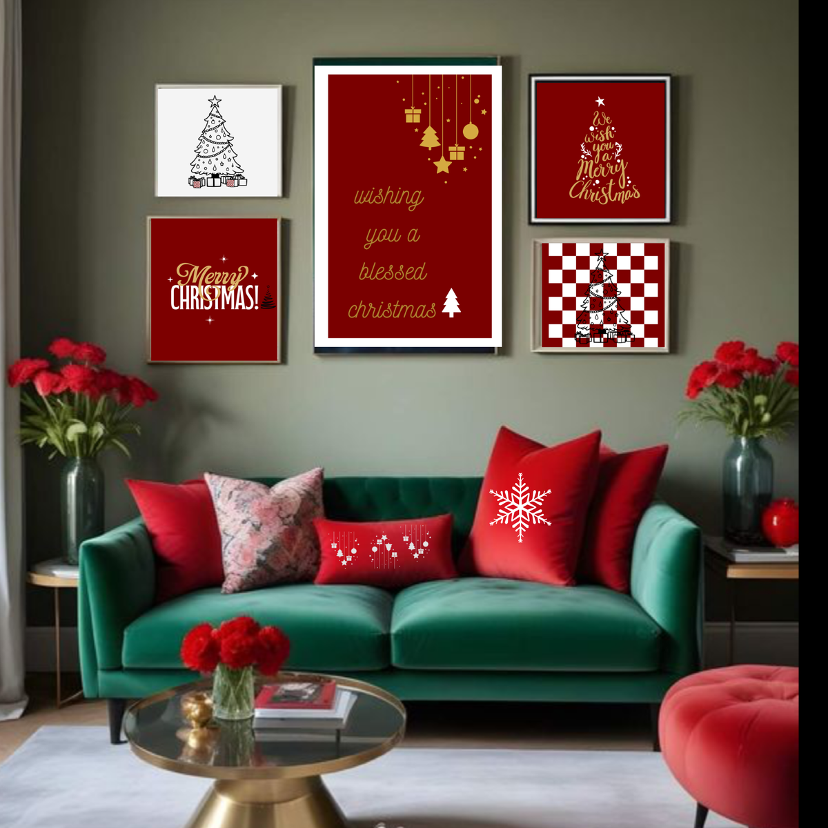 Christmas Wall Art Set of 5 | Red White and Gold Holiday Prints | Mixed Square & Portrait Digital Downloads | Elegant Festive Wall Decor