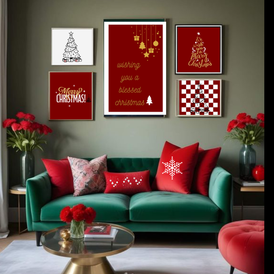 Christmas Wall Art Set of 5 | Red White and Gold Holiday Prints | Mixed Square & Portrait Digital Downloads | Elegant Festive Wall Decor