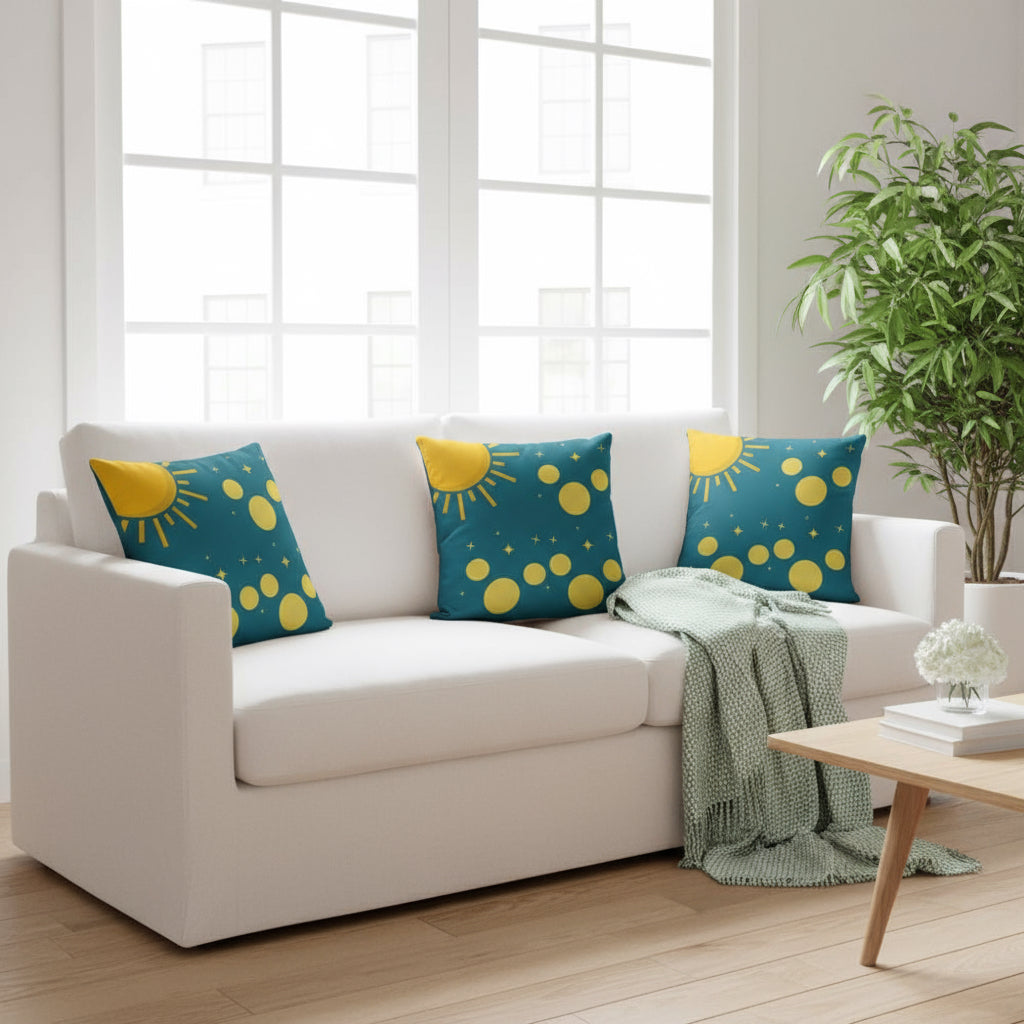 Green Throw Pillow with Sun, Circles & Diamonds – 18x18” | Playful Geometric Accent