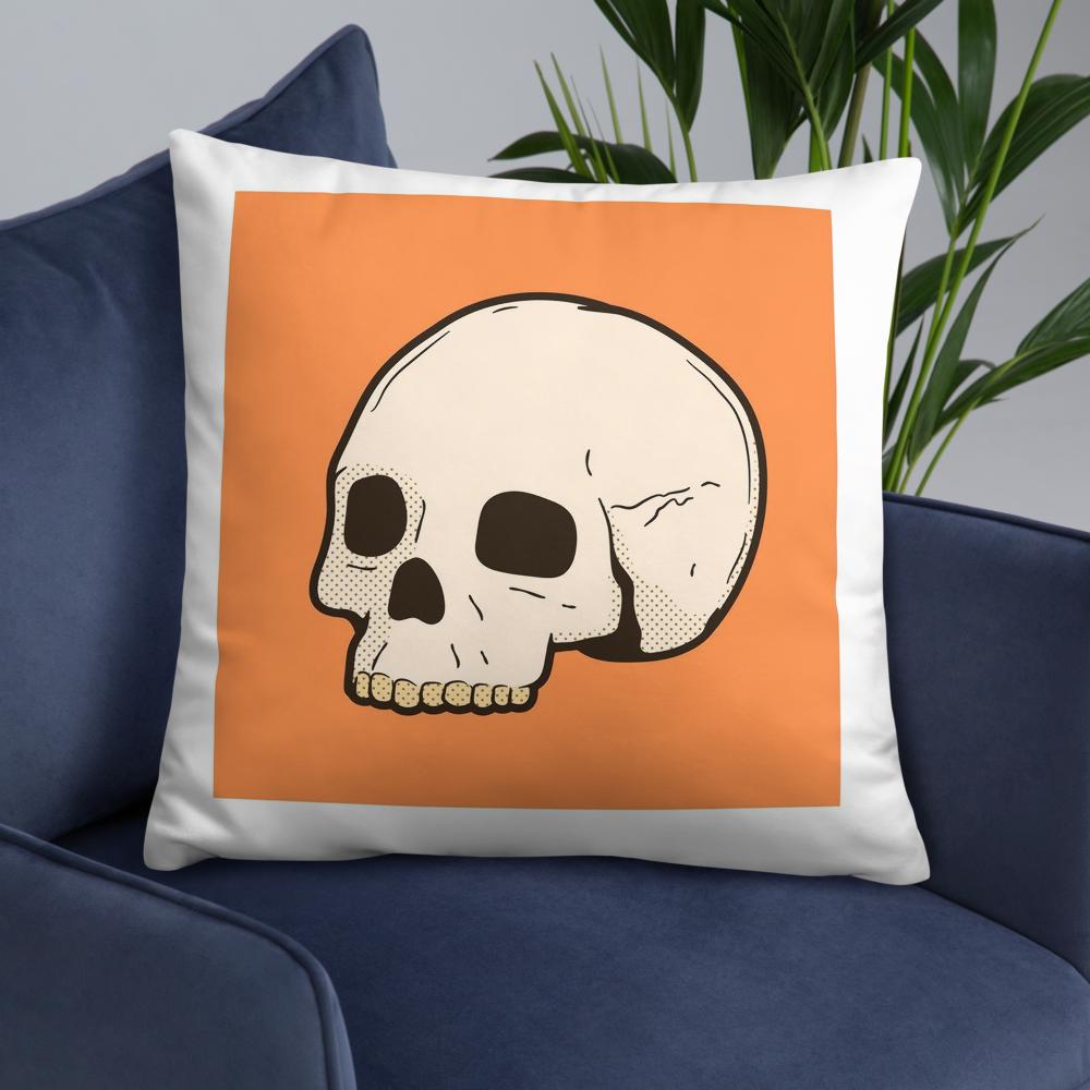 Halloween Skull Throw Pillow – Orange & White Skeleton Head Cushion (18x18)