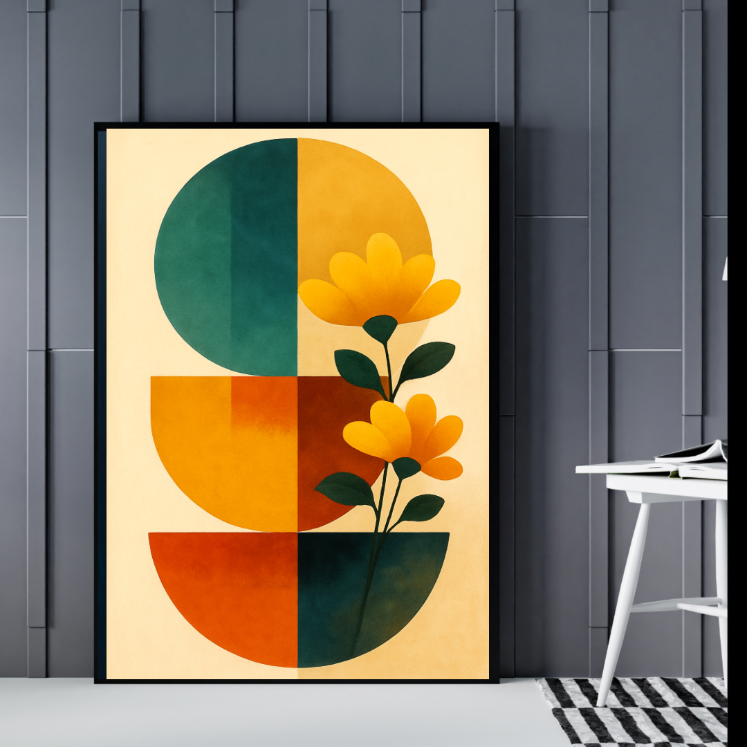 Boho Wall Art Digital Download – Yellow Flower Portrait with Green Shapes (16x20, 18x24, 24x36)