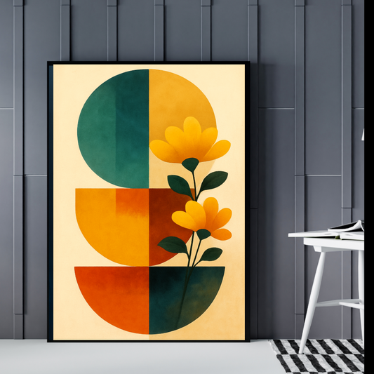 Boho Wall Art Digital Download – Yellow Flower Portrait with Green Shapes (16x20, 18x24, 24x36)