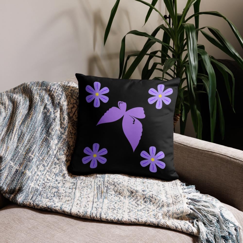 Black Throw Pillow with Purple Flowers & Central Bow – 18x18” | Elegant Floral Accent Cushion