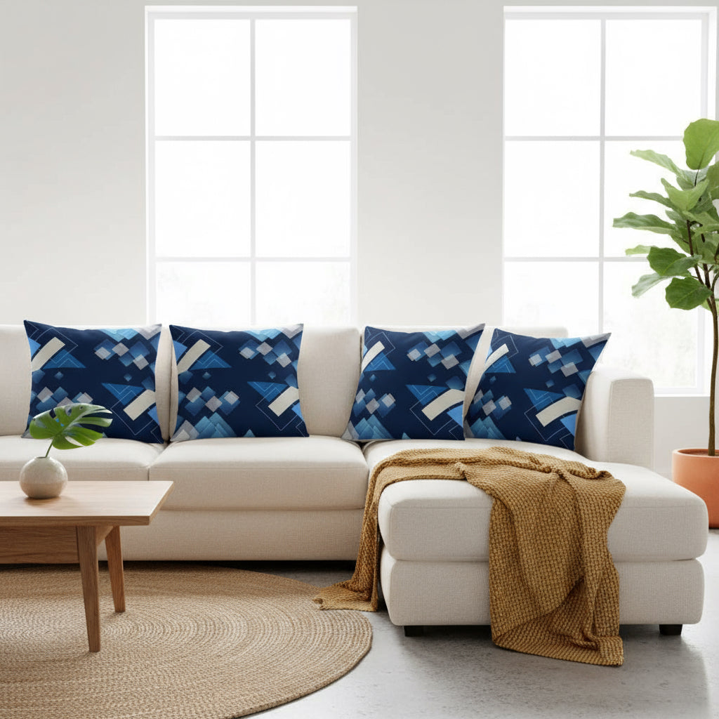Royal Blue Throw Pillow with Abstract Shapes – 18x18” | Geometric Light Blue, Gray & White Design