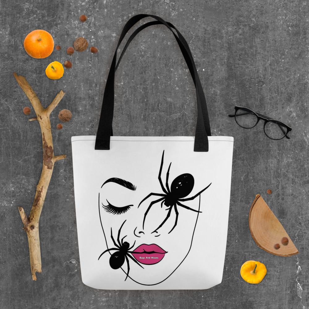 White “Haunted Beauty” Halloween Tote Bag – 15”x15” Artistic Woman’s Face with Black Moths
