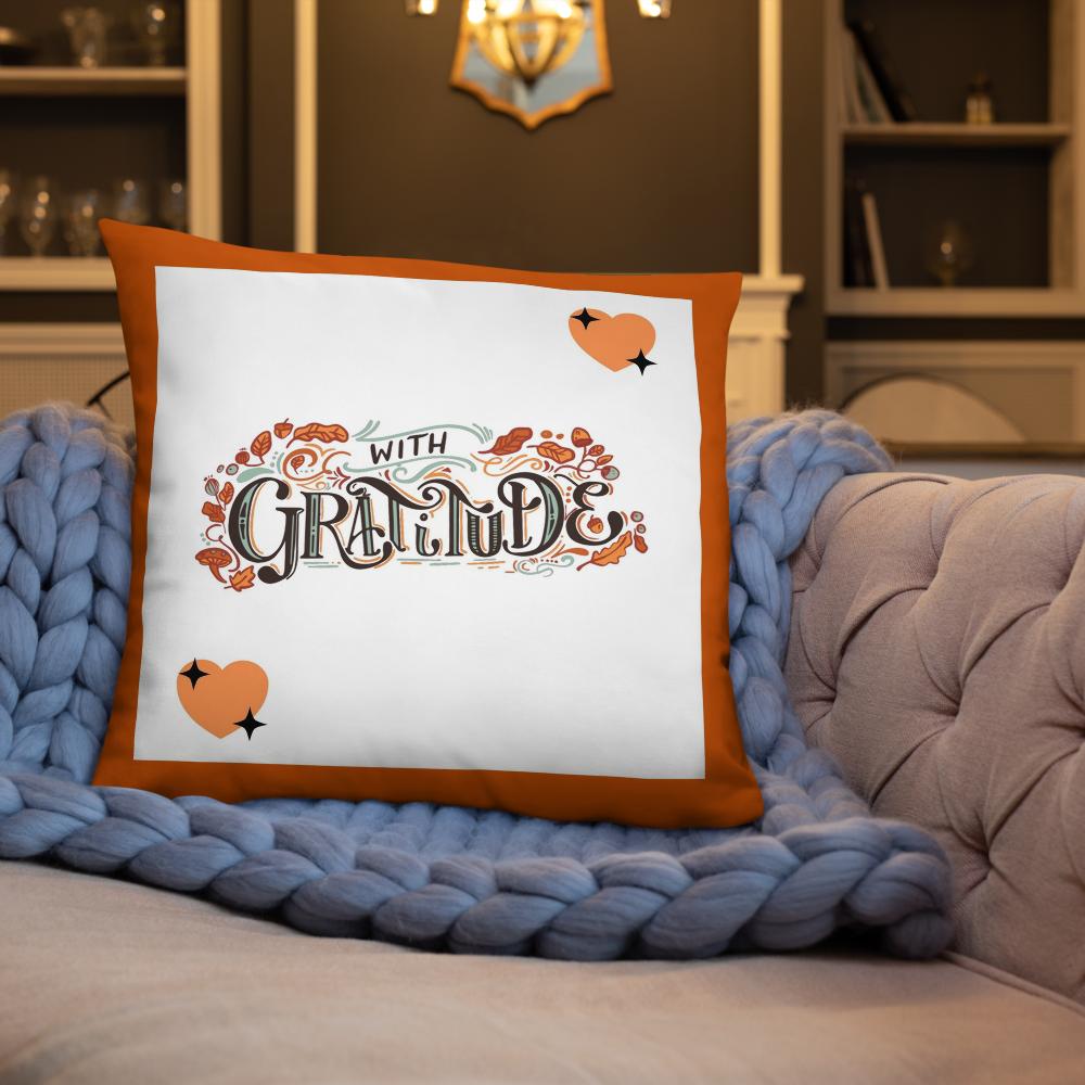 With Gratitude Throw Pillow – Thanksgiving Decorative Cushion (18x18, White with Orange Borders)