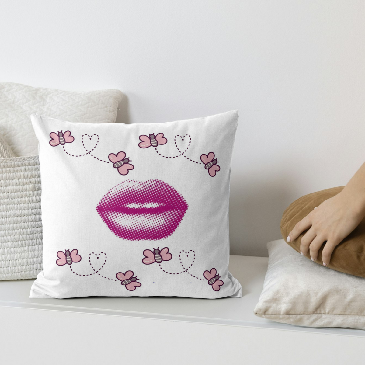 Kiss & Buzz Throw Pillow – Pink Lips and Heart-Trail Bees (18x18”)
