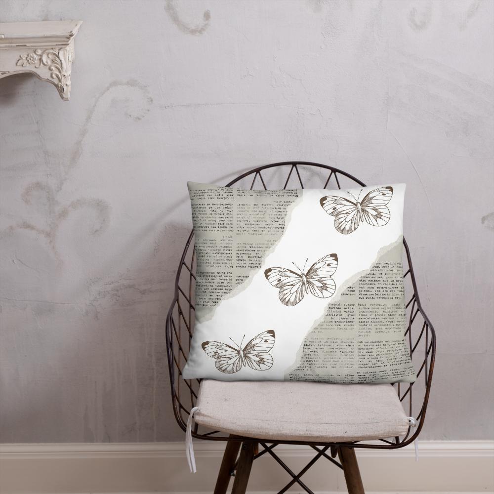 Vintage Newspaper Throw Pillow with Butterflies – Decorative Cushion 22x22”