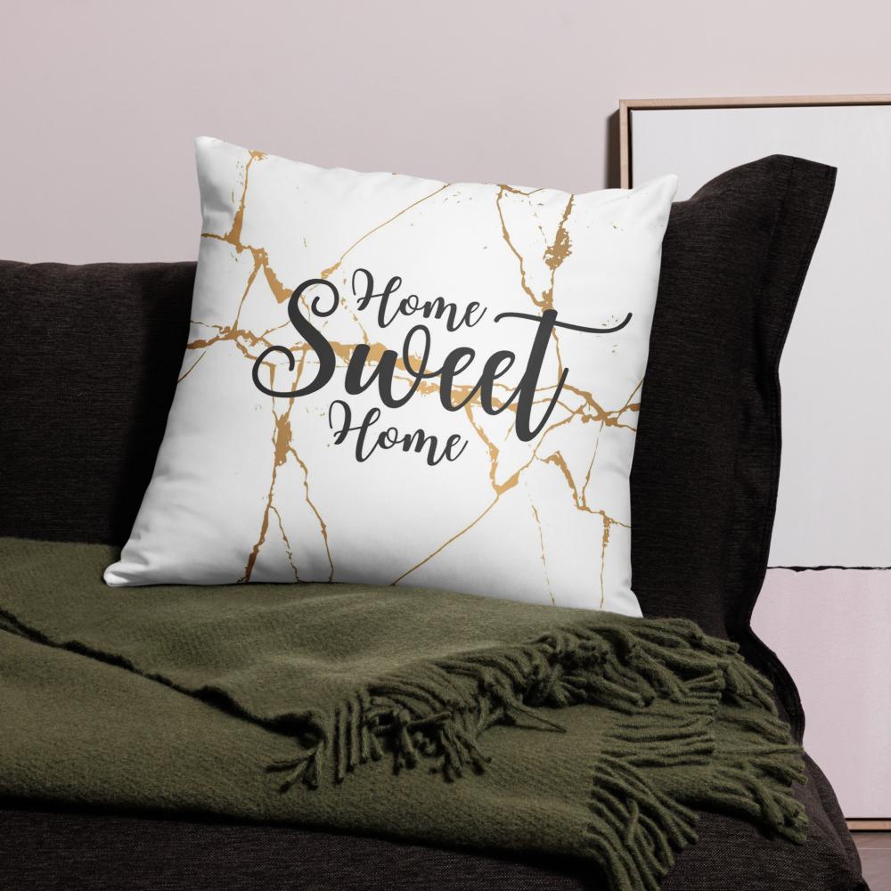 White Throw Pillow with Gold Design – “Home Sweet Home” Decorative Cushion 22x22”