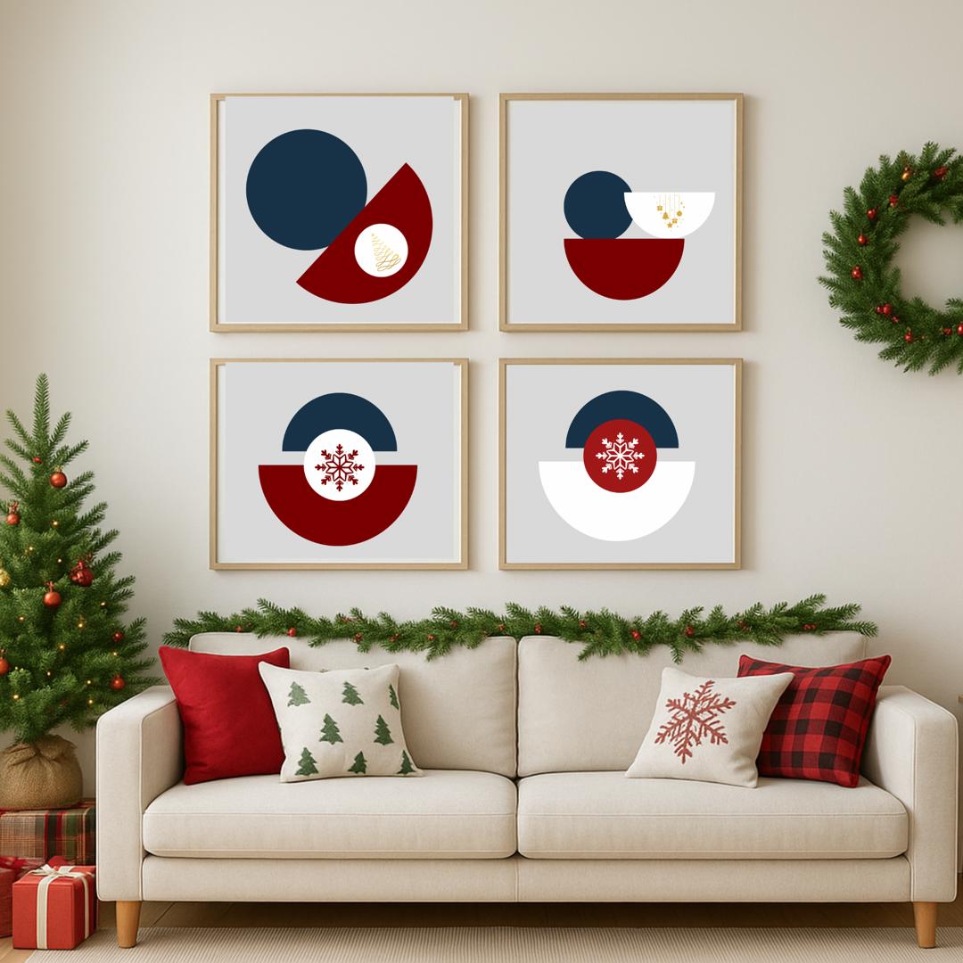 Boho Christmas Wall Art Set of 4 | Red Blue and White Holiday Prints | Modern Digital Download | Festive Bohemian Wall Decor