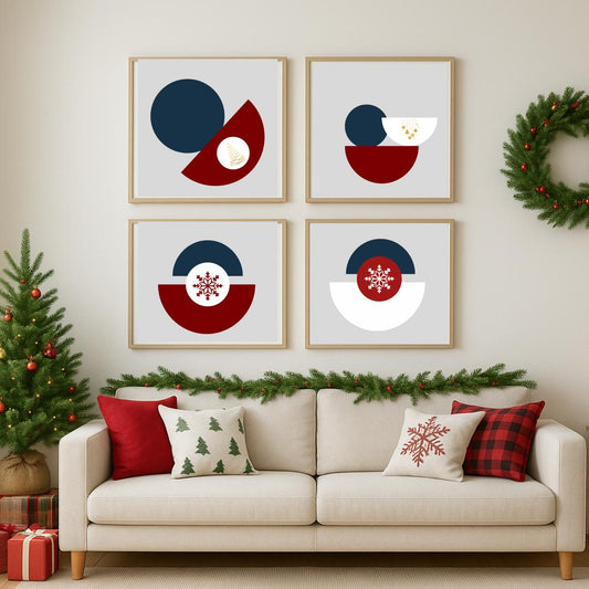 Boho Christmas Wall Art Set of 4 | Red Blue and White Holiday Prints | Modern Digital Download | Festive Bohemian Wall Decor
