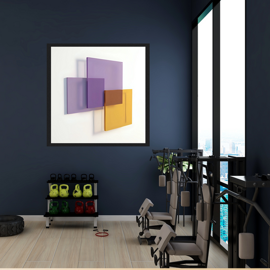 3-Piece Abstract 3D Shape Wall Art – Purple, Yellow & Off-White on White Background (Square Digital Download, 3 Sizes Each)