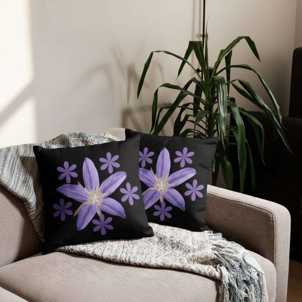Black Throw Pillow with Purple Flower Cluster – 18x18” | Bold Floral Centerpiece Cushion