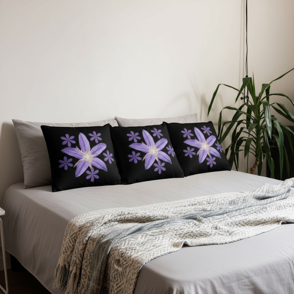 Black Throw Pillow with Purple Flower Cluster – 18x18” | Bold Floral Centerpiece Cushion