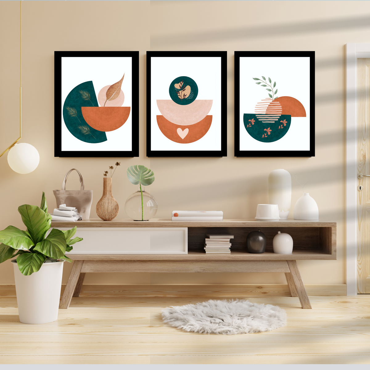 Boho Calabash Wall Art Set – 3 Printable Green & Brown Abstract Prints on White Background