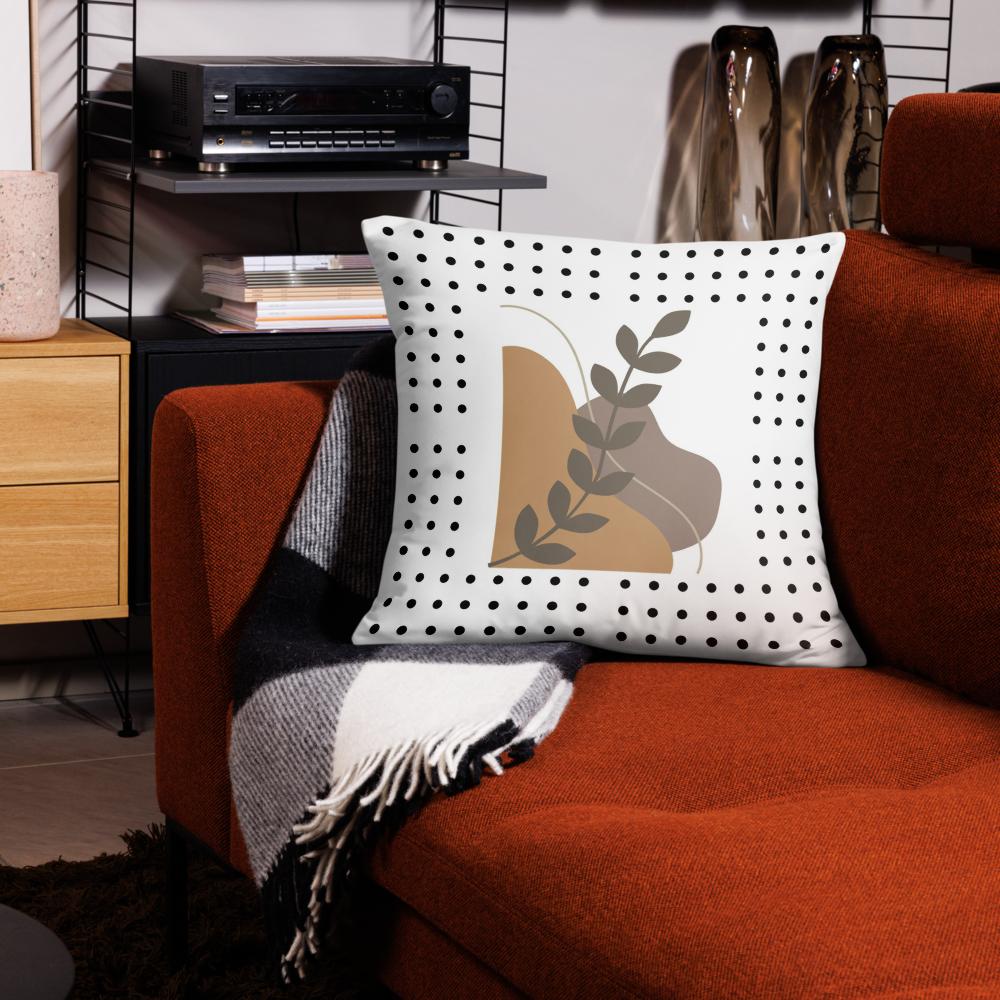 Boho Chic Throw Pillow – 22x22” | Brown Abstract Shapes & Leaf on White