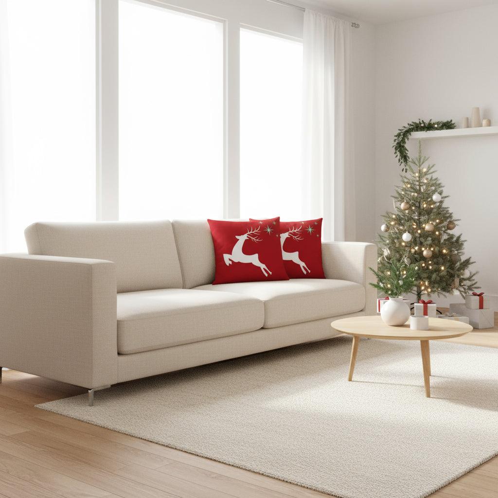 Red Christmas Throw Pillow – White Deer & Stars – 18×18 & 22×22 in