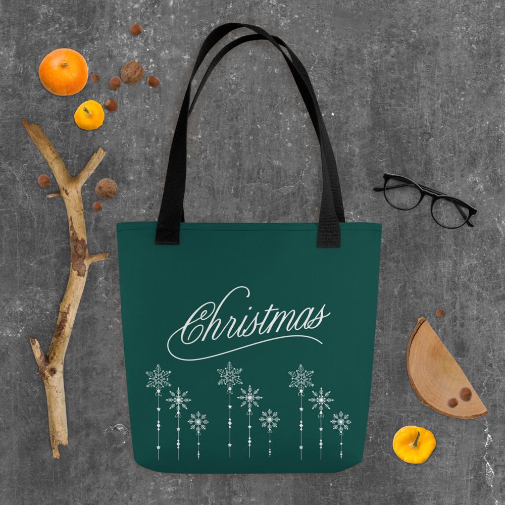 Green “Christmas” Tote Bag with White Holiday Elements – 15”x15” Festive Carryall