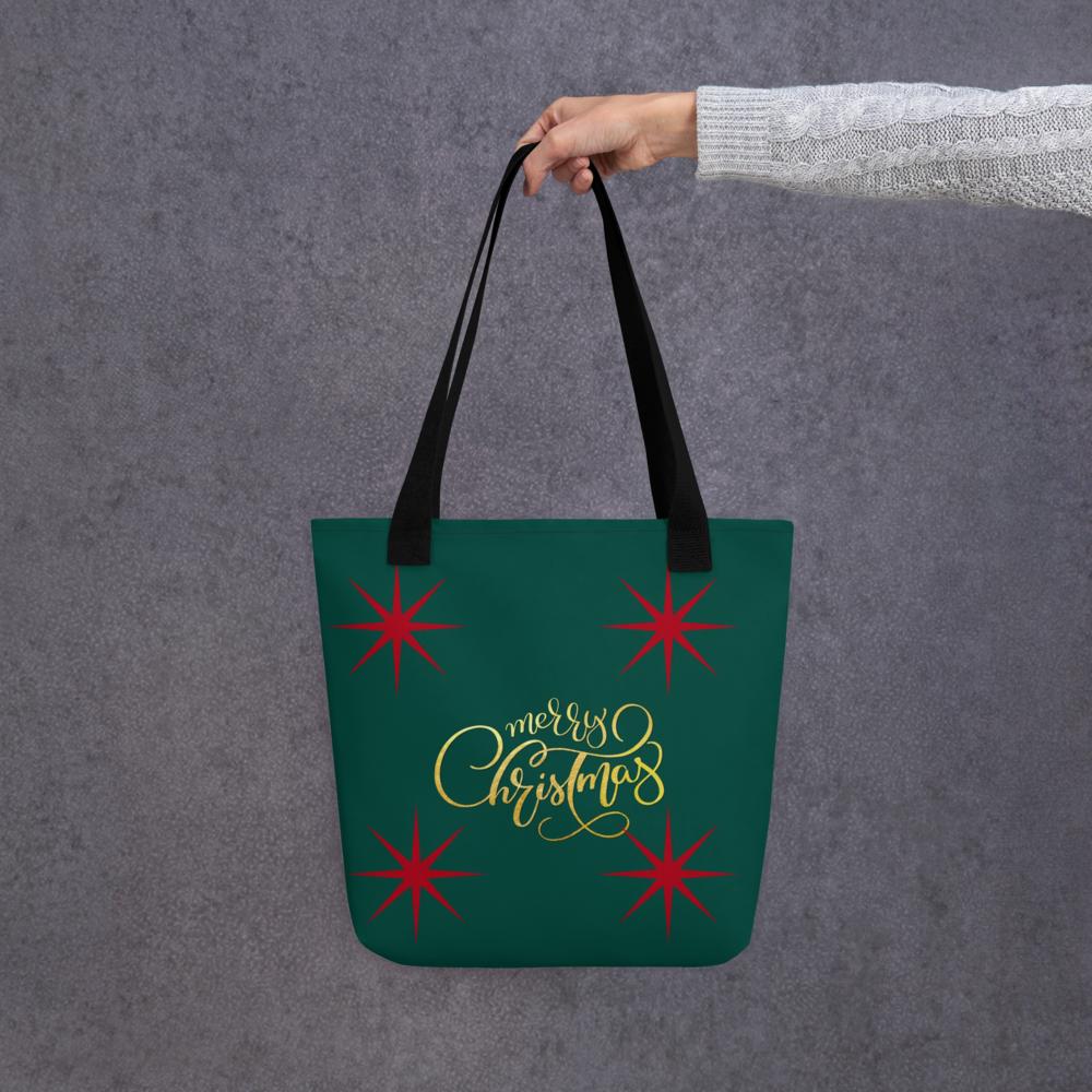 Green “Merry Christmas” Tote Bag with Red Stars – 15”x15” Holiday Carryall