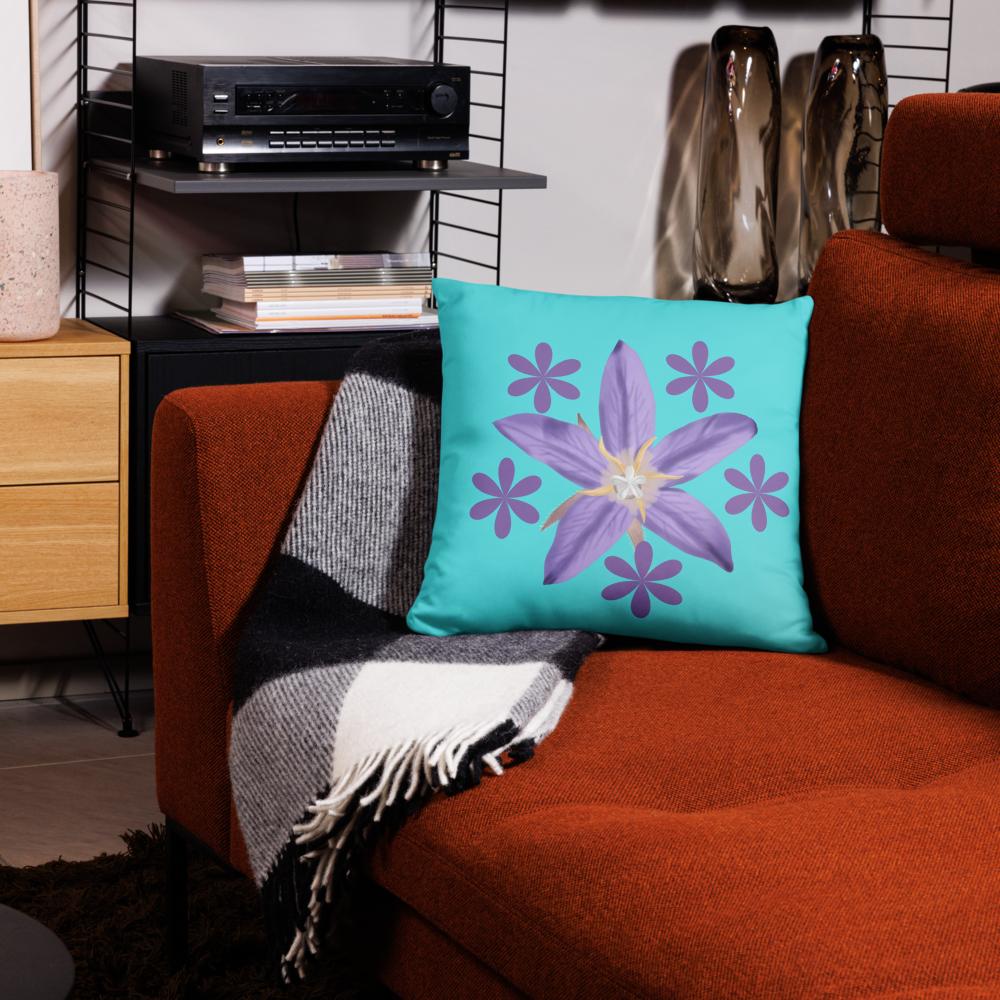 Mint Green Throw Pillow with Purple Flower Cluster – 18x18” | Artistic Floral Centerpiece