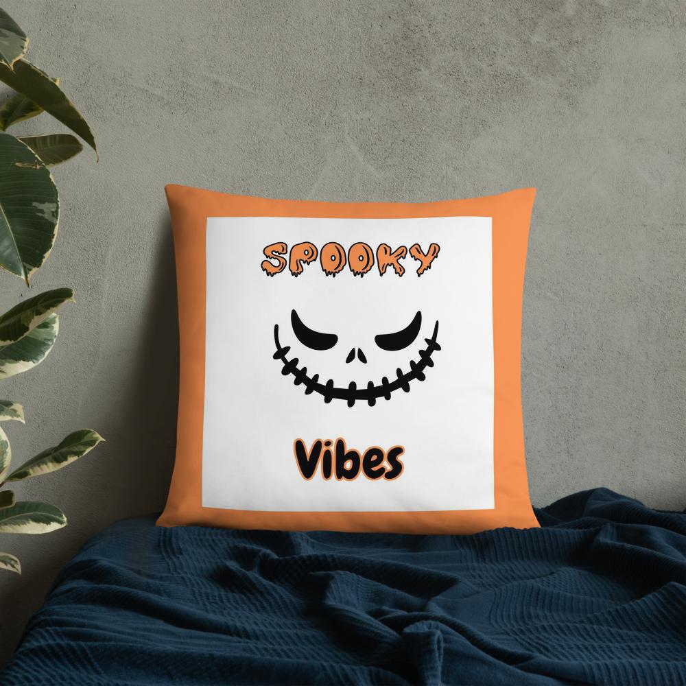 Spooky Vibes Halloween Pillow – 18x18 Orange & White Throw Cushion