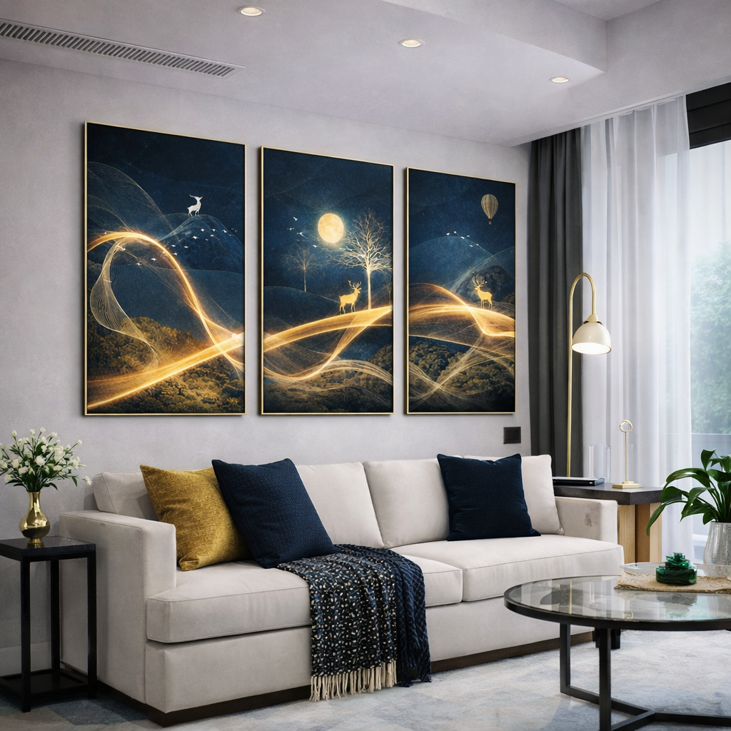 Moonlit Gold Deer Wall Art Set – Navy Blue Celestial Landscape Printable – Modern Luxury Digital Download (11x14, 16x20, 18x24, 24x36)