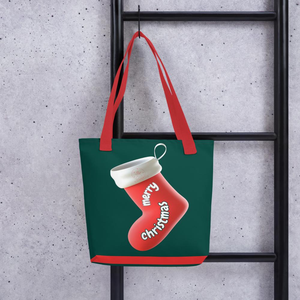 Christmas Tote Bag – Green & Red Festive Reusable Holiday Tote with Christmas Elements