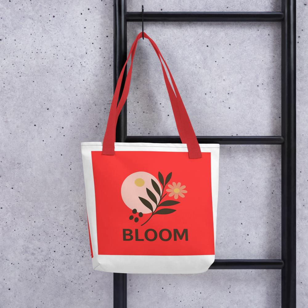 Red & White “BLOOM” Boho Tote Bag – 15”x15” Stylish Everyday Carryall