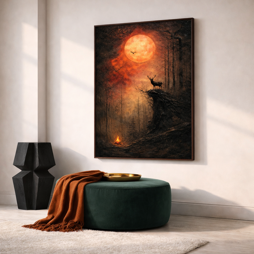 Dark Forest Deer Wall Art Set – Moonlit Wilderness Printable – Moody Rustic Digital Download (11x14, 16x20, 18x24, 24x36)