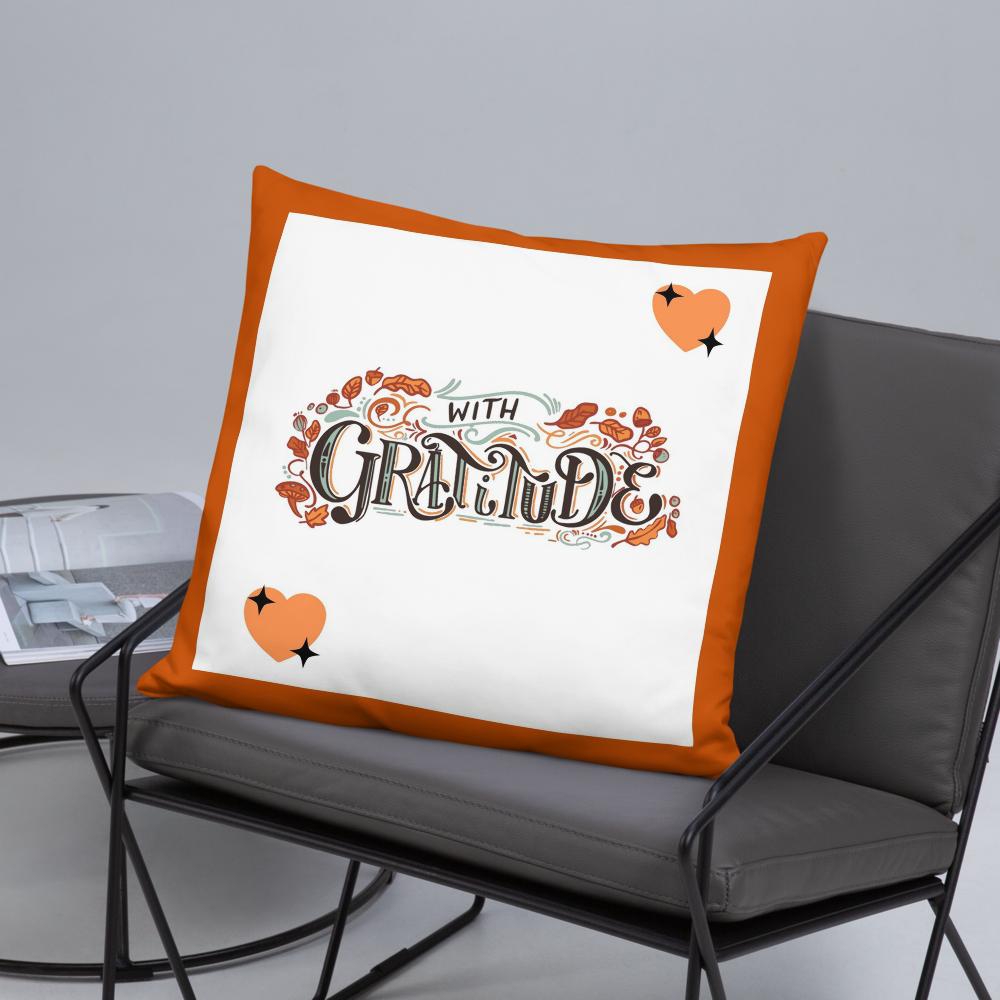 With Gratitude Throw Pillow – Thanksgiving Decorative Cushion (18x18, White with Orange Borders)