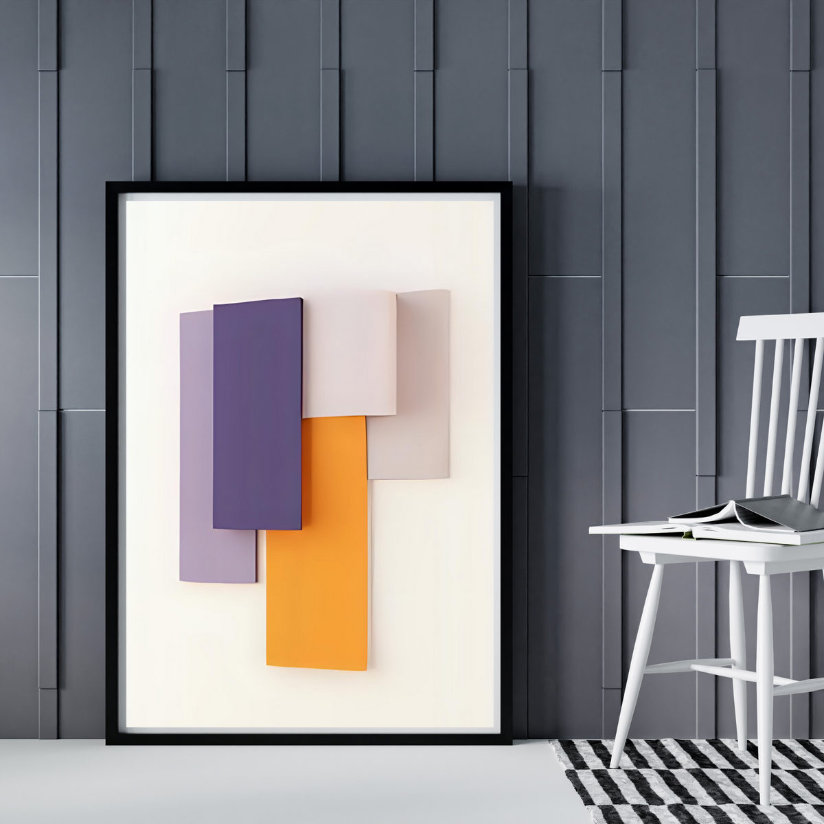 2-Piece Abstract 3D Shape Wall Art – Purple, Yellow & Off-White on White Background (Portrait Digital Download, 3 Sizes Each)