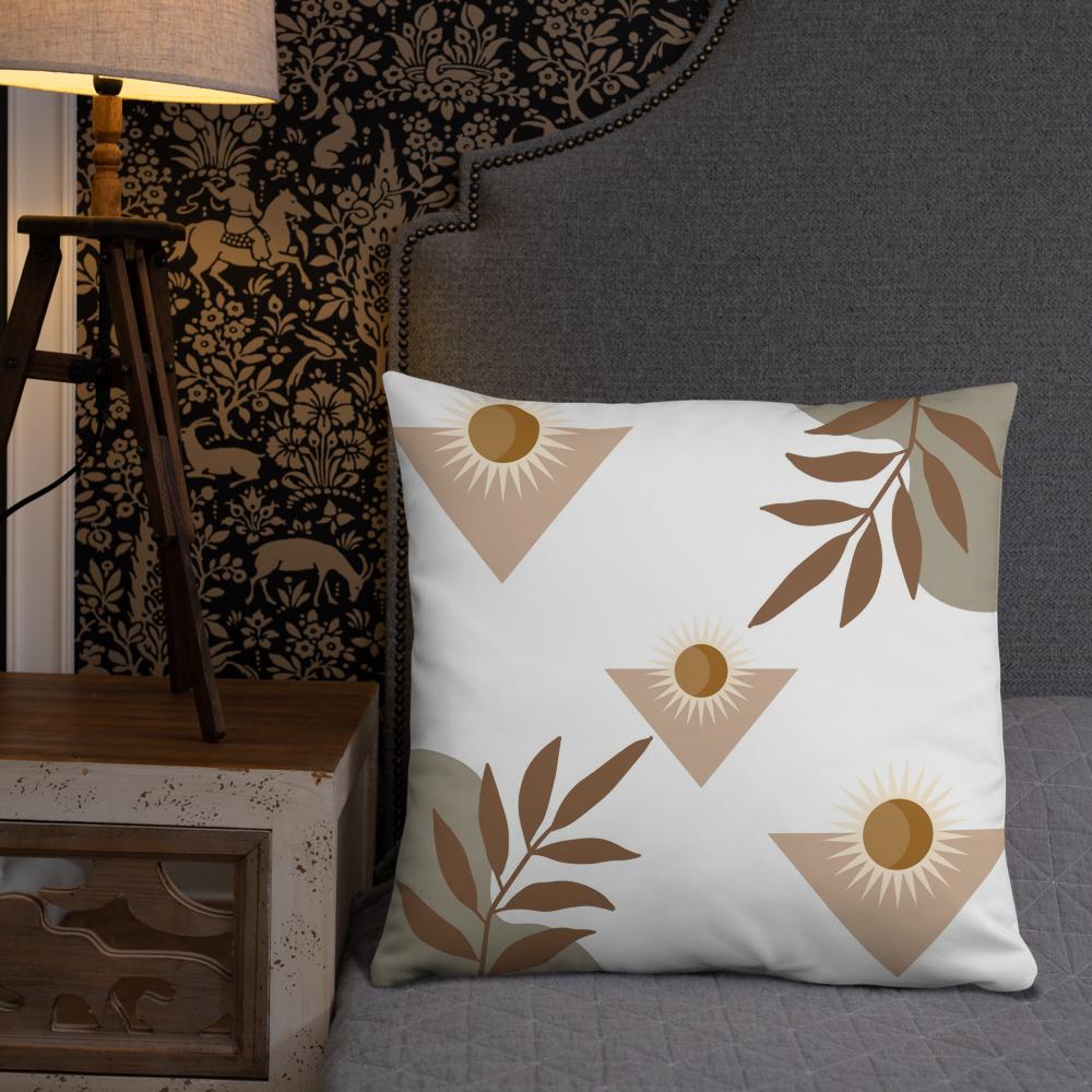 White Throw Pillow with Brown Boho Designs – Decorative Cushion 22x22”
