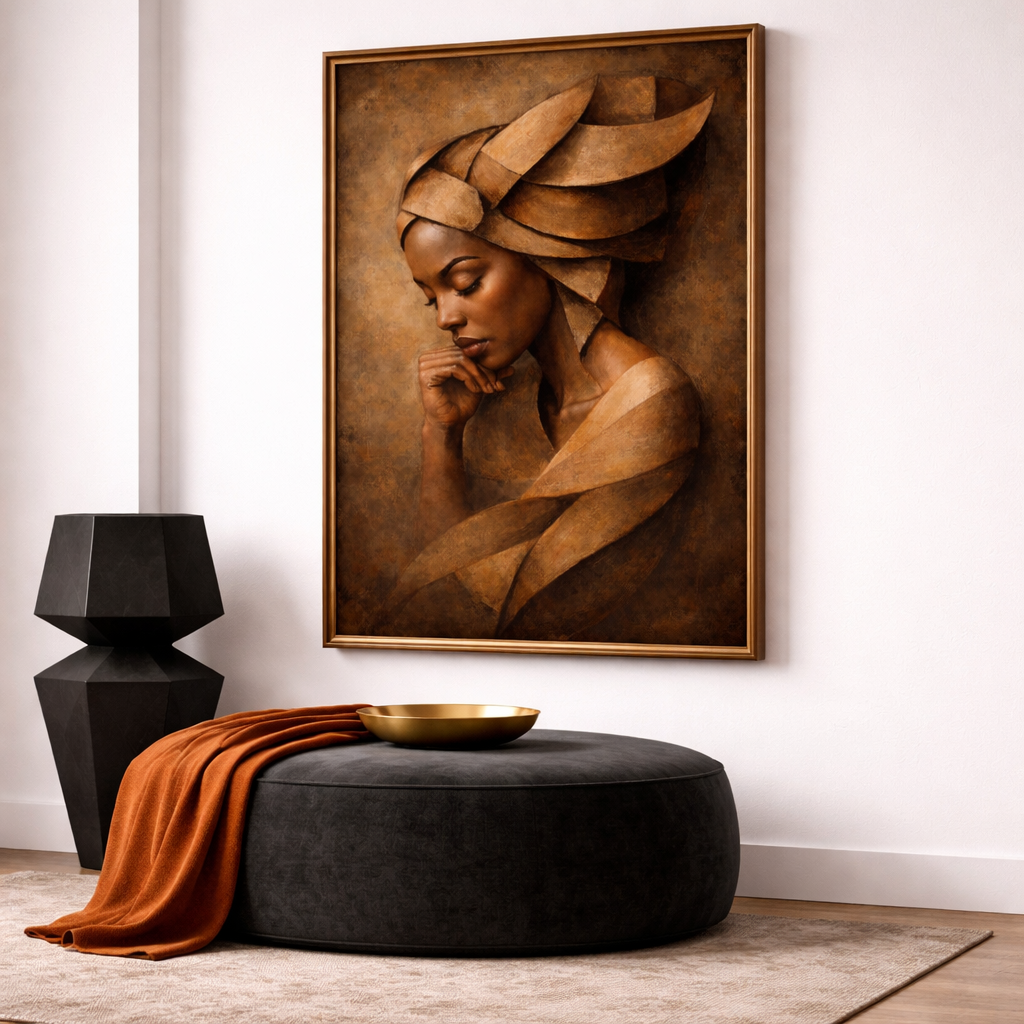 Earth Tone Afrocentric Woman Wall Art Set (Digital Download) – Brown & Gold African Portrait Trio – Luxury Bedroom Decor – Printable Wall Art (11x14, 16x20, 18x24, 24x36)