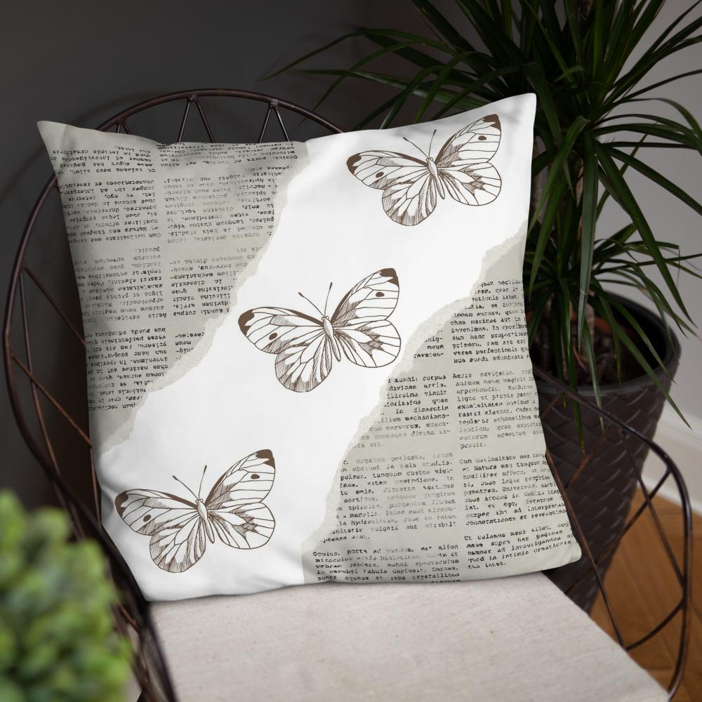 Vintage Newspaper Throw Pillow with Butterflies – Decorative Cushion 22x22”