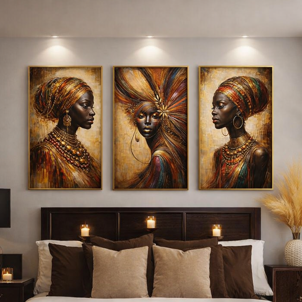Luxury Afrocentric Queen Wall Art Set – Red & Gold African Woman Portraits – Bold Bedroom Decor – Modern Black Woman Printable (11x14, 16x20, 18x24, 24x36)