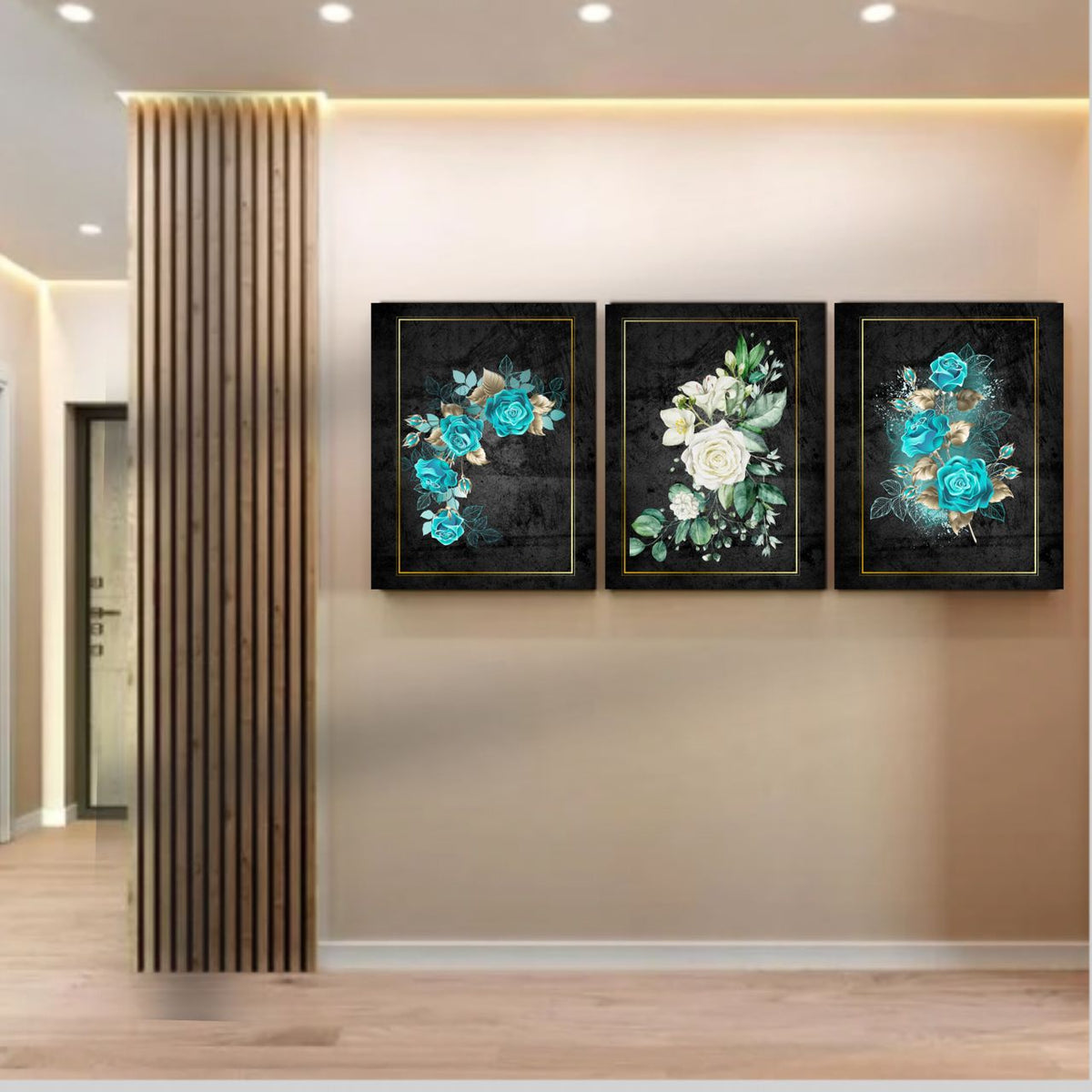 Degeta Wall Art Set of 3 – Green Flora on Glossy Background with Gold Frame Accents (Digital Download)